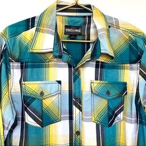 Rebel & Soul Men's Plaid Shirt L Western Style Blue Green Black 2 Pockets
